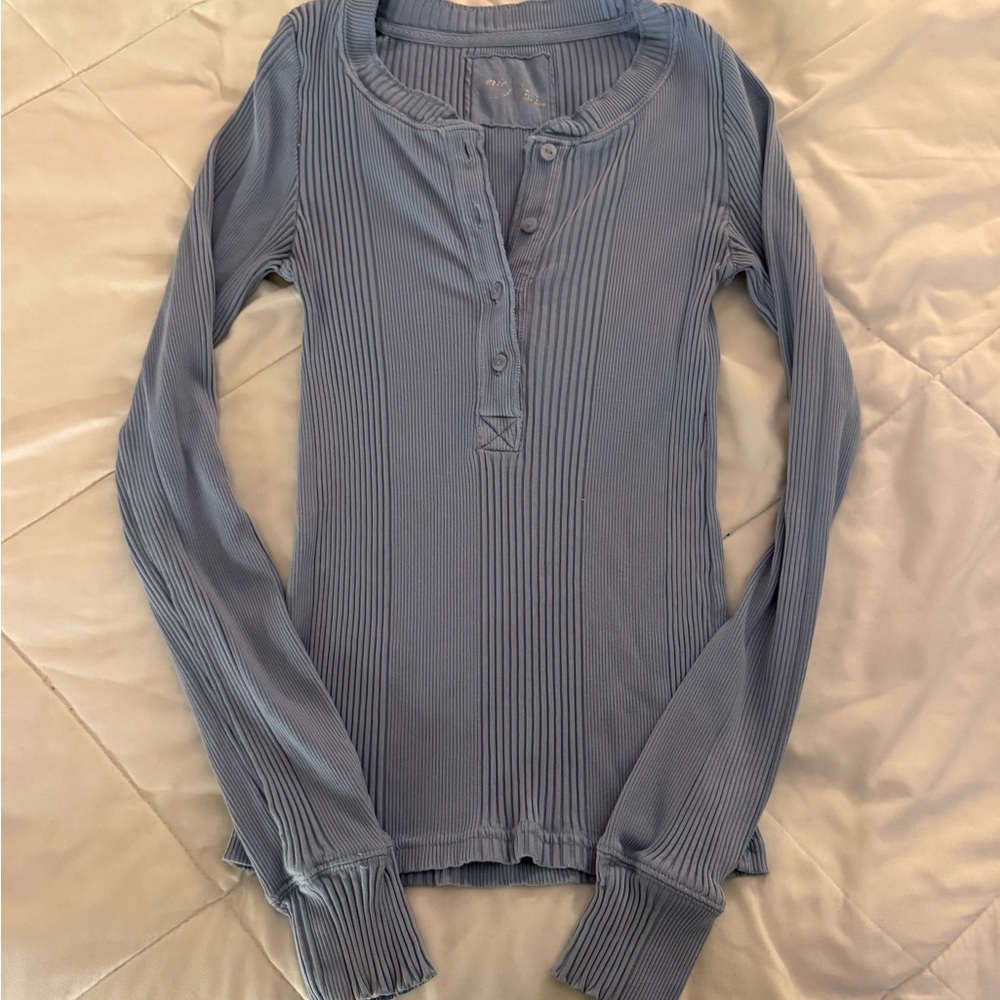 Aerie Blue Button-Up Ribbed Long Sleeve Tee